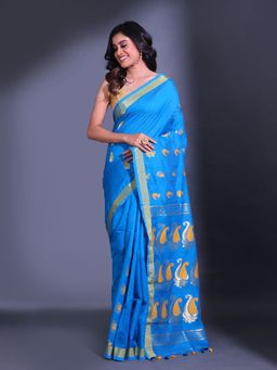 CHARUKRITI - Sky Blue Cotton Blend Handwoven Paisley Design Saree with Unstitched Blouse
