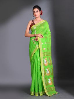 CHARUKRITI - Parrot Green Cotton Blend Handwoven Paisley Design Saree with Unstitched Blouse