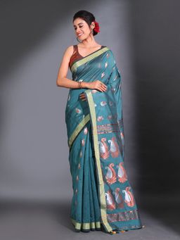 CHARUKRITI - Teal Cotton Blend Handwoven Paisley Design Saree with Unstitched Blouse