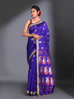 CHARUKRITI - Royal Blue Cotton Blend Handwoven Paisley Design Saree with Unstitched Blouse