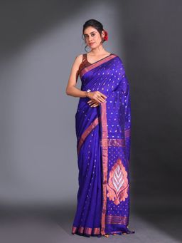CHARUKRITI - Blue Cotton Blend Handwoven Texture Pattern Saree with Unstitched Blouse