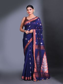 CHARUKRITI - Navy Blue Cotton Blend Handwoven Nakshi Design Saree with Unstitched Blouse