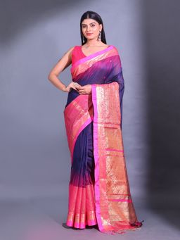 CHARUKRITI - Navy Blue Cotton Blend Handwoven Nakshi Design Saree with Unstitched Blouse