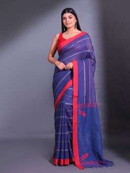 CHARUKRITI - Blue Cotton Handwoven Striped Design Saree with Unstitched Blouse