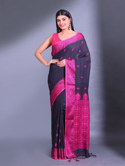 CHARUKRITI - Black Cotton Handwoven Nakshi Pattern Saree with Unstitched Blouse
