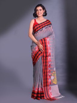 CHARUKRITI - Grey Cotton Handwoven Checked Box Border Nakski Pallu Saree with Unstitched Blouse