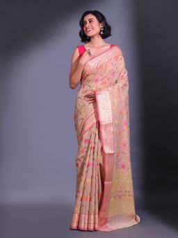 CHARUKRITI - Ecru Cotton Blend Handwoven Zari Damask Pattern Saree with Unstitched Blouse