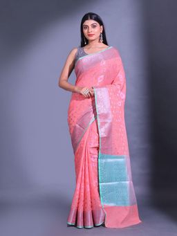 CHARUKRITI - Peach Cotton Blend Handwoven Zari Texture Pattern Saree with Unstitched Blouse