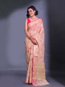 CHARUKRITI - Beige Cotton Blend Handwoven Zari Damask Motifs Saree with Unstitched Blouse