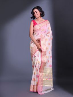 CHARUKRITI - Off White Cotton Blend Handwoven Zari Damask Motifs Saree with Unstitched Blouse