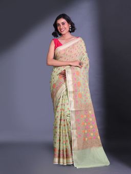 CHARUKRITI - Tea Green Cotton Blend Handwoven Zari Floral Design Saree with Unstitched Blouse