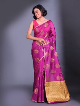 CHARUKRITI - Purple Cotton Handwoven Damask Motifs and Texture Pallu Saree with Unstitched Blouse