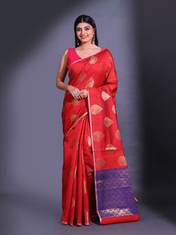 CHARUKRITI - Dark Red Cotton Handwoven Damask Motifs and Texture Pallu Saree with Unstitched Blouse