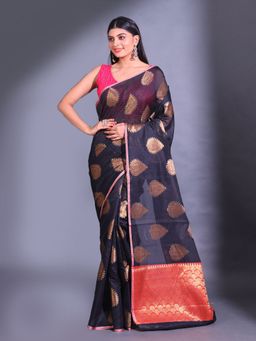 CHARUKRITI - Black Cotton Handwoven Damask Motifs and Texture Pallu Saree with Unstitched Blouse