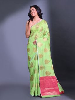 CHARUKRITI - Light Green Cotton Handwoven Texture Pallu Saree with Unstitched Blouse