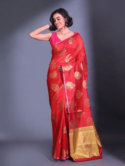 CHARUKRITI - Charry Red Cotton Handwoven Damask Motifs and Texture Pallu Saree with Unstitched Blouse