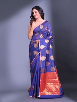 CHARUKRITI - Navy Blue Cotton Handwoven Damask Motifs and Texture Pallu Saree with Unstitched Blouse