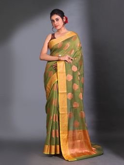 CHARUKRITI - Sap Green Cotton Handwoven Nakshi Pattern and Floral Border Saree with Unstitched Blouse