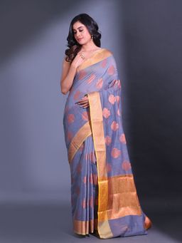 CHARUKRITI - Grey Cotton Handwoven Nakshi Pattern and Floral Border Saree with Unstitched Blouse