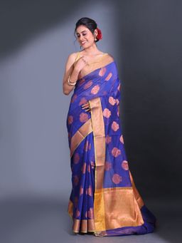 CHARUKRITI - Blue Cotton Handwoven Nakshi Pattern and Floral Border Saree with Unstitched Blouse