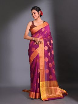 CHARUKRITI - Plum Purple Cotton Handwoven Nakshi Pattern & Floral Border Saree with Unstitched Blouse