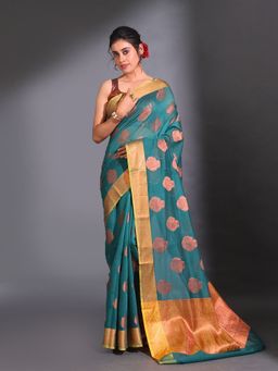 CHARUKRITI - Teal Cotton Handwoven Nakshi Pattern and Floral Border Saree with Unstitched Blouse