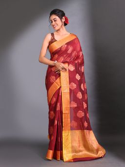 CHARUKRITI - Maroon Cotton Handwoven Nakshi Pattern and Floral Border Saree with Unstitched Blouse