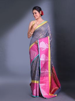 CHARUKRITI - Grey Cotton Handwoven Zari Ethnic Design Saree with Unstitched Blouse