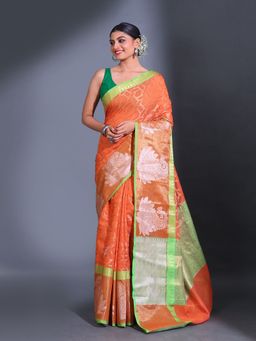 CHARUKRITI - Orange Cotton Handwoven Zari Ethnic Design Saree with Unstitched Blouse
