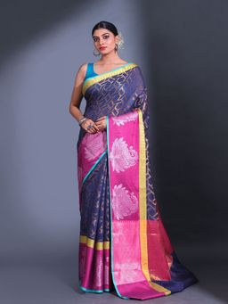 CHARUKRITI - Navy Blue Cotton Handwoven Zari Ethnic Design Saree with Unstitched Blouse