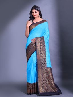 CHARUKRITI - Sky Blue Dupion Silk Handwoven Zari Floral Pattern Saree with Unstitched Blouse