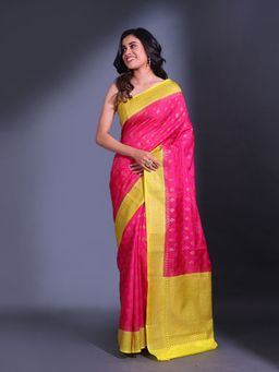 CHARUKRITI - Hot Pink Dupion Silk Handwoven Zari Floral Pattern Saree with Unstitched Blouse