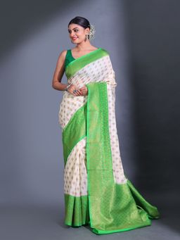 CHARUKRITI - White Dupion Silk Handwoven Zari Texture Pattern Saree with Unstitched Blouse