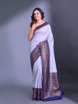 CHARUKRITI - Grey Dupion Silk Handwoven Zari Texture Pattern Saree with Unstitched Blouse