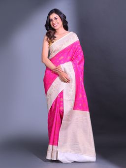 CHARUKRITI - Fuchsia Dupion Silk Handwoven Zari Floral Pattern Saree with Unstitched Blouse