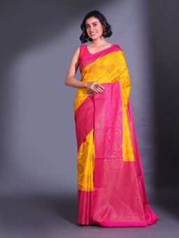 CHARUKRITI - Yellow Dupion Silk Handwoven Zari Lotus Pattern Saree with Unstitched Blouse