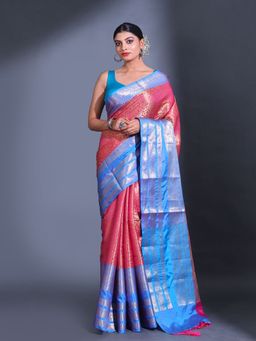 CHARUKRITI - Rani Pink Katan Silk Handwoven Zari Damask Motifs Saree with Unstitched Blouse