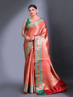 CHARUKRITI - Red Katan Silk Handwoven Zari Lotus Border Saree with Unstitched Blouse