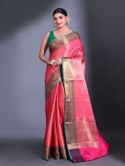 CHARUKRITI - Pink Katan Silk Handwoven Zari Floral Nakshi Pattern Saree with Unstitched Blouse