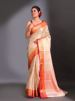 CHARUKRITI - Cream Katan Silk Handwoven Zari Floral Design Saree with Unstitched Blouse