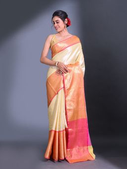 CHARUKRITI - Yellow Handwoven Kanjivaram Pattu Paisley Ethnic Design Saree with Unstitched Blouse