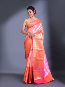 CHARUKRITI - Pink Handwoven Kanjivaram Pattu Paisley and Ethnic Design Saree with Unstitched Blouse