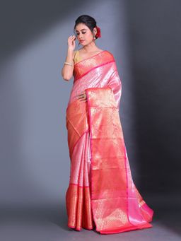 CHARUKRITI - Pink Handwoven Kanjivaram Pattu Paisley and Ethnic Design Saree with Unstitched Blouse