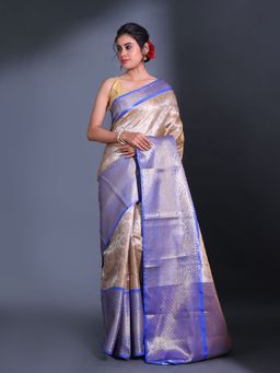 CHARUKRITI - Beige Handwoven Kanjivaram Pattu Nakshi and Ethnic Design Saree with Unstitched Blouse