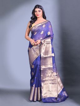 CHARUKRITI - Navy Blue Resham Kota Handwoven Zari Damask Design Saree with Unstitched Blouse