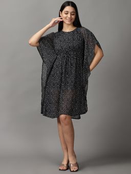 SHOWOFF - Womens Round Neck Knee Length Black Geometric Dress