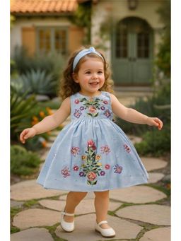 Lagorii - Girls Blue Linen Blend Embellished Dress