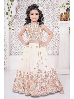 Lagorii - Girls Cream Net Embellished Choli with Lehenga