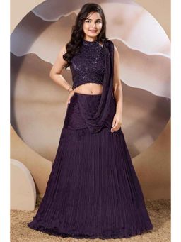 Lagorii - Girls Purple Crepe Embellished Choli with Lehenga