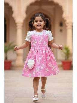 Lagorii - Girls Pink Cotton Blend Printed Dress with Sling bag
